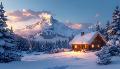 Cozy Wooden Cabin Surrounded by Snowy Landscape and Majestic Mountains at Sunset