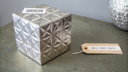 Modern decorative box showcasing texture and design with tag labeled 'Ideas Take Shape' on a sleek surface background