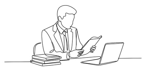 Continuous line drawing of a businessman working at his desk with a laptop and books Vector, illustration