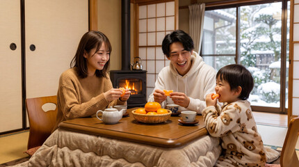 コタツでミカンを食べる笑顔の家族