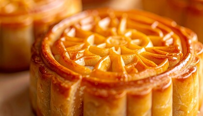 Close up of a traditional mooncake, perfect for midautumn festival designs and chinese culturethemed visuals. Great for foodrelated content.