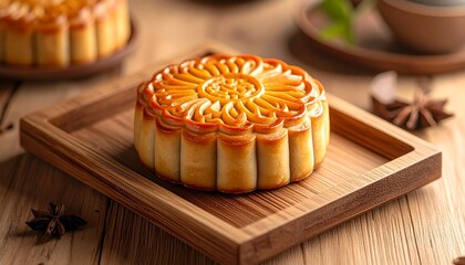 Delicious mooncake on wooden tray, perfect for festive season, bakery promotion, food blogs, midautumn festival social media posts.