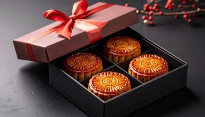 Gift box filled with four decorative mooncakes, perfect for midautumn festival or traditional chinese holiday designs. Festive and cultural.
