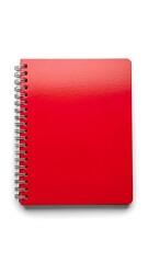 Professional flat-lay of a glossy red hardcover notebook featuring silver spiral coils against a bright, pure white surface.