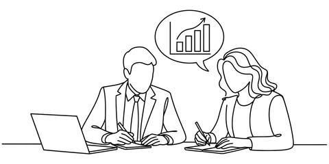 Two colleagues in a business meeting brainstorming and discussing growth strategy Vector, illustration