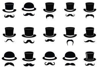 Fototapeta premium Vector gentleman hats and mustaches icons collection. set of black hats