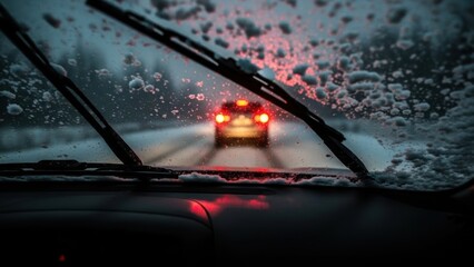 Driving through a snowstorm at night, looking through the windshield with wipers clearing the view of taillights ahead
