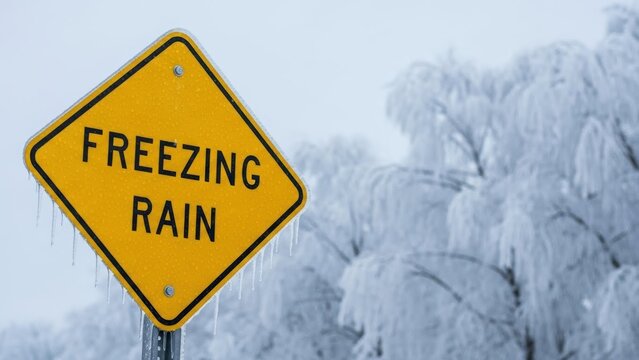 Freezing Rain Warning Sign Amidst Icy Tree Branches in a Winter Landscape