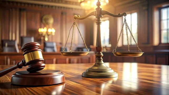 Justice Scales and Gavel in Courtroom Setting