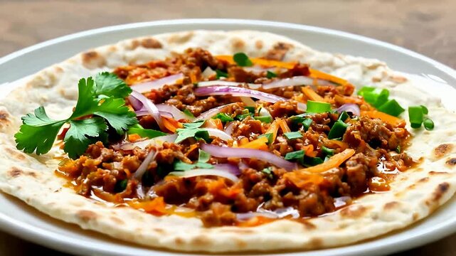 Spiced Meat Flatbread Pizza with Fresh Herbs.
