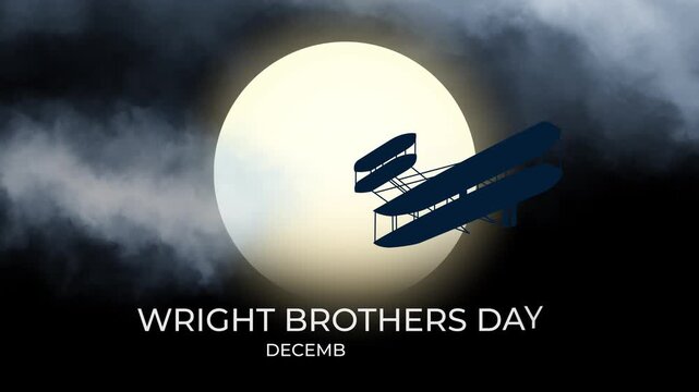 Animation of Wright Brothers Plane flying on the night scene with full moon through the cloud. Suitable for Happy Wright Brothers Day celebration on December 17th.