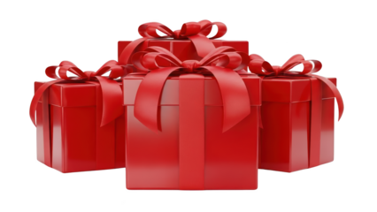 Red gift boxes with bows arranged closely together in a festive display