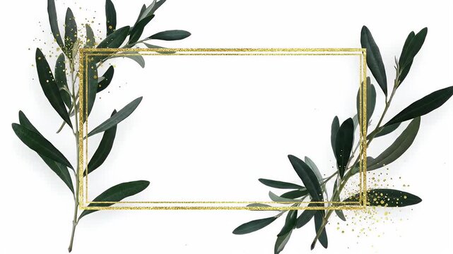 Elegant gold rectangular frame adorned with olive branches and lush green leaves for design