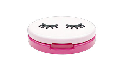 Pink compact with eyelash design on white background
