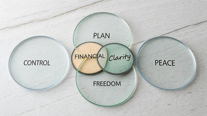 Financial Clarity Concept with Circular Overlays Representing Control, Freedom, Plan, and Peace on a Light Wood Background