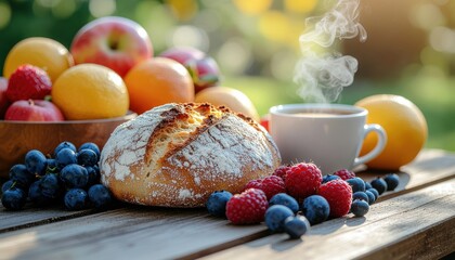 Freshly Baked Bread with Assorted Fruits and Coffee on a Wooden Table in a Warm Morning Setting