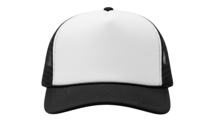 Black and white trucker hat on plain background