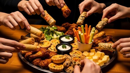 Friends sharing a delicious appetizer platter with various snacks and dips.