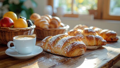 Freshly Baked Pastries with Coffee and Fruits on Wooden Table Bathed in Sunlight
