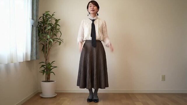 Elegant vintage-inspired ensemble worn by a woman standing in a softly lit home interior