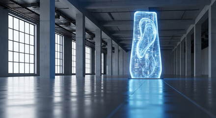 Modern Tech Exhibit: A futuristic, glowing tech display in a spacious warehouse, showcasing innovation and the evolution of technology in a bright, modern setting. 