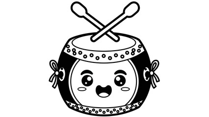 Black and white cartoon illustration of a cute, happy drum with crossed drumsticks, featuring decorative patterns and a smiling face.