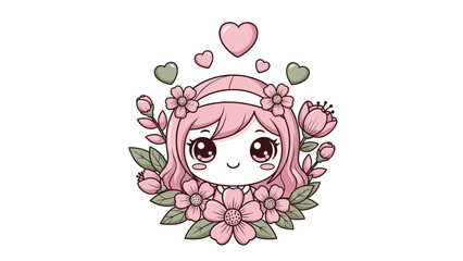 Cute kawaii chibi girl with pink hair and flowers, surrounded by hearts and leaves.
