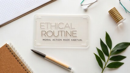 Stylish flat lay of ethical routine concept with stationery, a plant, and a sign emphasizing moral action in daily activities