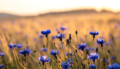 Vibrant Blue Cornflowers Blooming in Golden Field at Sunset