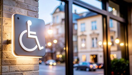 Illuminated Accessibility Sign for Disabled Individuals Outside a Modern Urban Building at Dusk