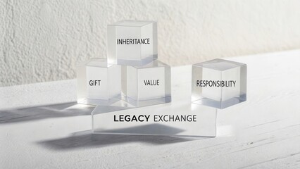 Transparent cubes representing legacy themes: gift, inheritance, value, responsibility - financial and personal exchanges