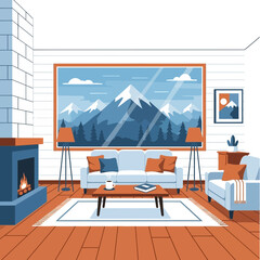 Obraz premium Cozy living room with large window showcasing a majestic snow-capped mountain landscape