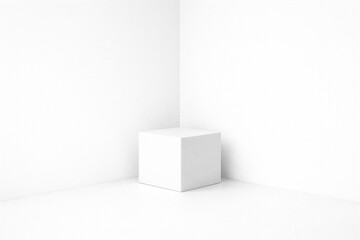Minimalist white corner product display scene with pedestal