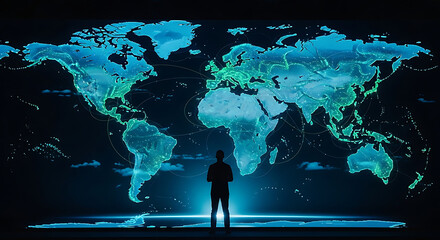 Global Vision: A lone figure gazes intently at a vibrant, illuminated world map, symbolizing the vastness of global connectivity, the dawn of a new era.