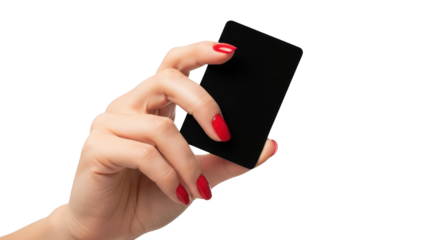 A hand with red nails holds a blank black card against a white background in a close-up view.