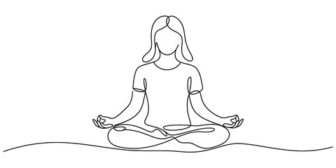 Continuous line drawing of a person sitting in a meditative lotus position Vector, illustration