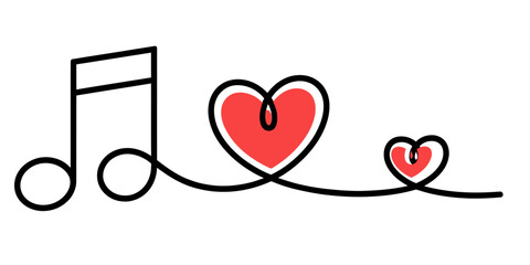 A minimalist single continuous line drawing illustrating a musical note and two hearts for love Vector, illustration