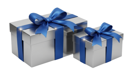 Elegant silver gift boxes with blue ribbons and bows on a pristine white background, showcasing a thoughtful present.