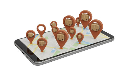 Packages are delivered to various locations on a smartphone map display screen.