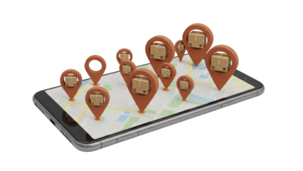 Packages are delivered to various locations on a smartphone map display screen.
