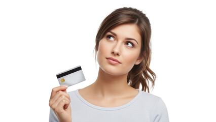 A young woman holding a credit card, looking thoughtful and puzzled with a slight smile, isolated on white background, close-up shot.