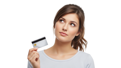 A young woman holding a credit card, looking thoughtful and puzzled with a slight smile, isolated on white background, close-up shot.