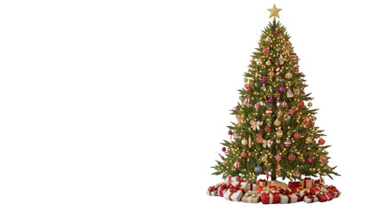 Fototapeta premium A festive Christmas tree decorated with ornaments and lights stands tall with presents underneath on a white background.