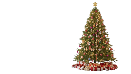 A festive Christmas tree decorated with ornaments and lights stands tall with presents underneath on a white background.
