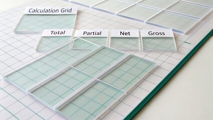 Transparent Calculation Grid Pieces for Financial Analysis with Labels for Total, Partial, Net, and Gross Values