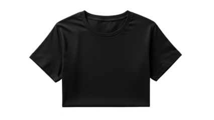A black short-sleeved T-shirt is displayed on a white background.