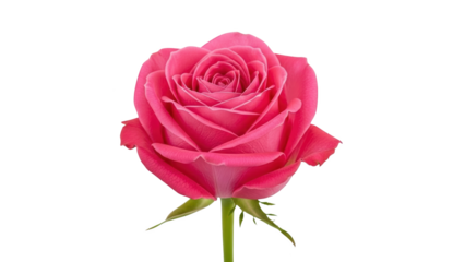 A vibrant pink rose in full bloom is captured in a close-up view against a clean white background.