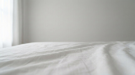 Minimal bedroom interior featuring a white bed sheet with soft folds and natural window light
