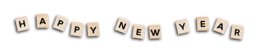 Happy New Year Wooden Letter Blocks on Transparent Background