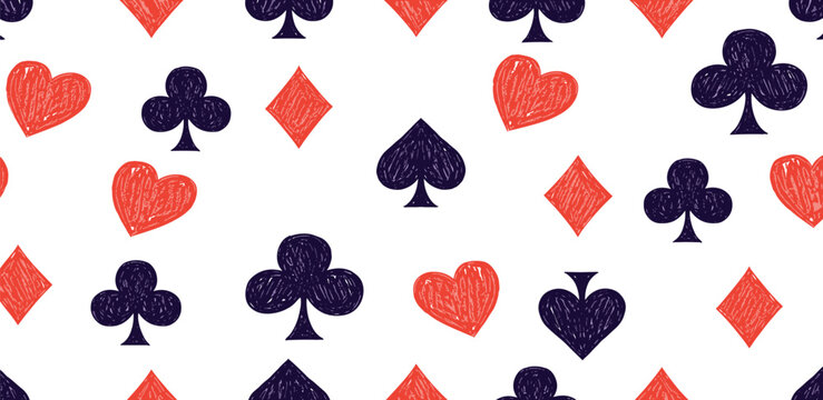 Hand-drawn playing card suits pattern with hearts diamonds clubs and spades on a white background
